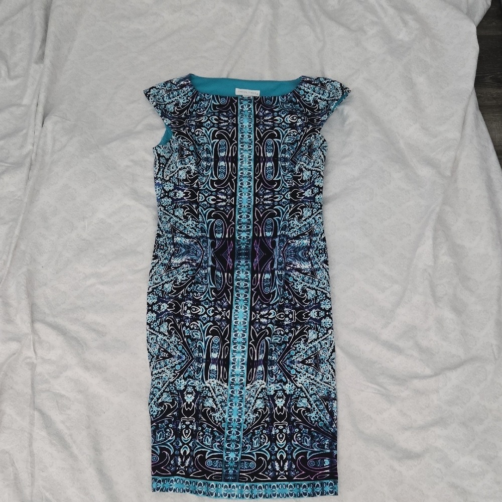 London Times Sheath Dress Women's Blue Black Paisley Print Cap Sleeve Sheath 4